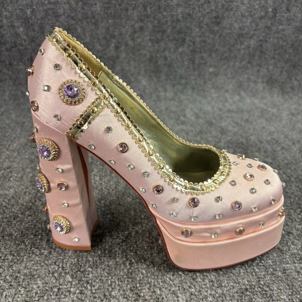 Azalea Wang Clea Satin Bejeweled  Pink Platform Heels 9